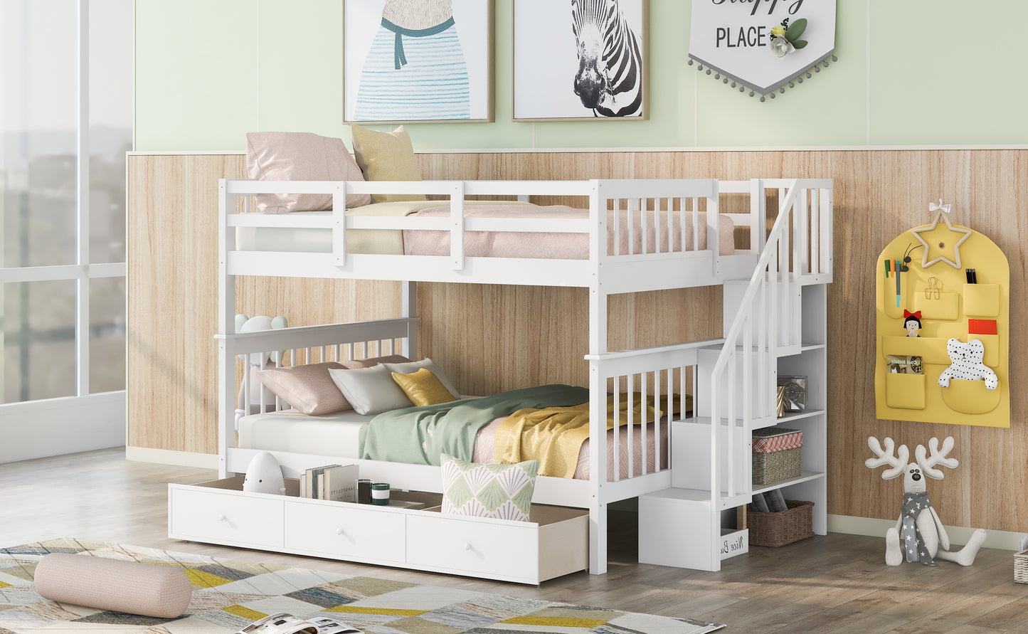 Stairway Full-Over-Full Bunk Bed with Drawer, Storage and Guard Rail for Bedroom, White ( old sku: LP000310AAK )