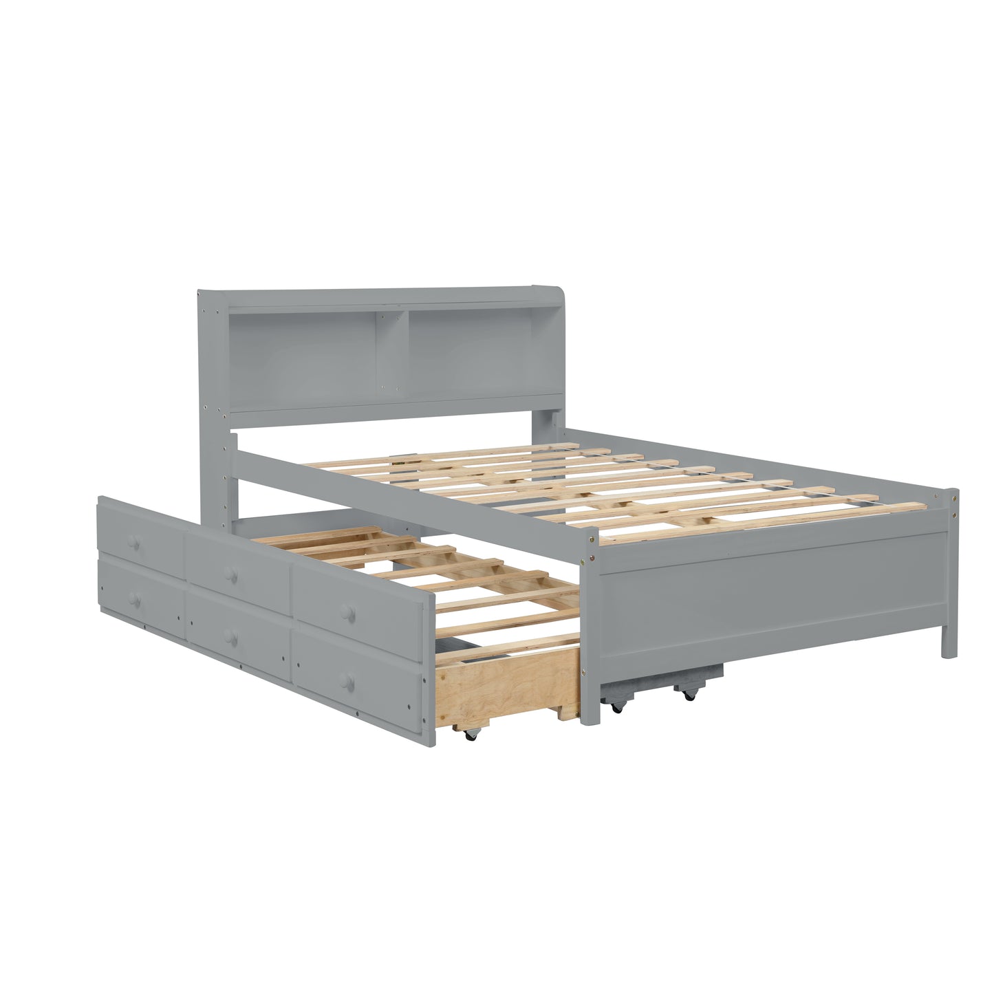 Full Bed with Bookcase,Twin Trundle,Drawers,Gray