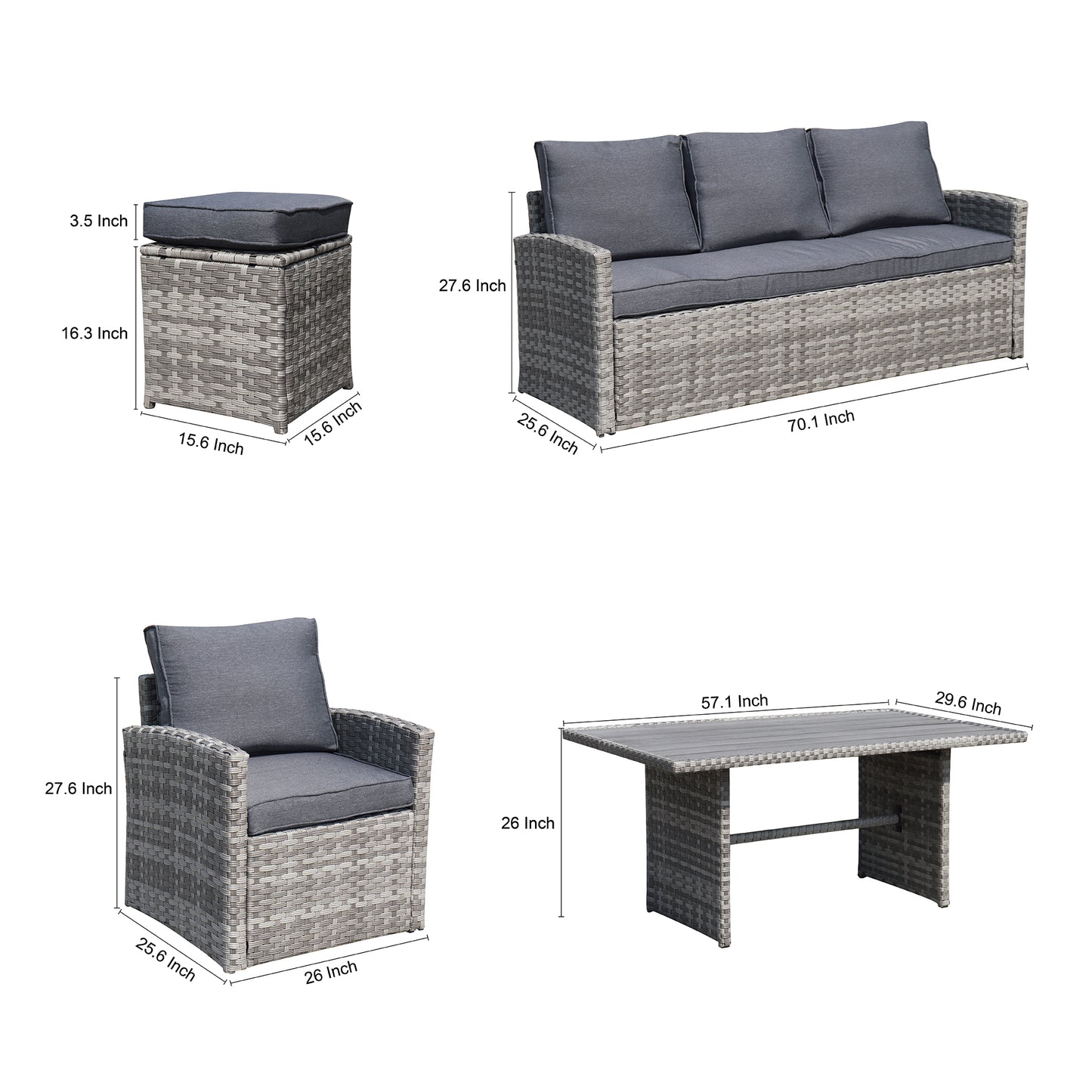 6-Piece Outdoor PE Rattan Sofa Set Patio Garden Wicker Dining and Coffee Sofa-Grey