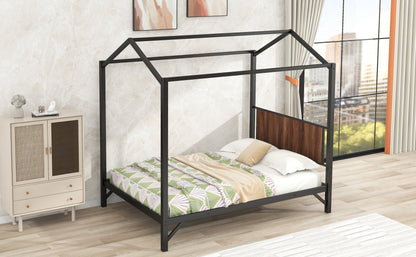 Full Size Metal House Shape Platform Bed,Black