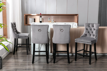 A&A Furniture,Contemporary Velvet Upholstered Barstools with Button Tufted Decoration and Wooden Legs, and Chrome Nailhead Trim, Leisure Style Bar Chairs,Bar stools, Set of 2 (Gray) 1902GY