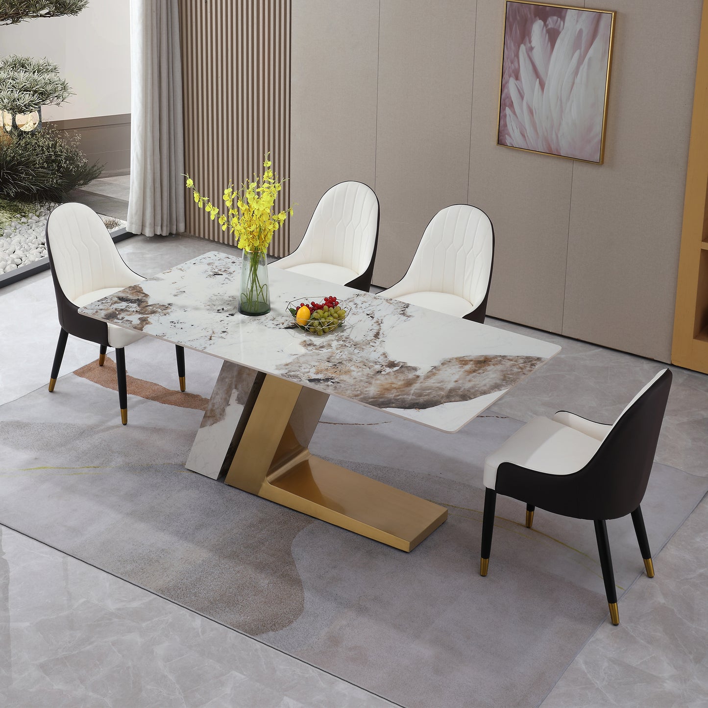 71" Contemporary Dining Table Sintered Stone Z shape Pedestal Base in Gold finish with 6 pcs Chairs .