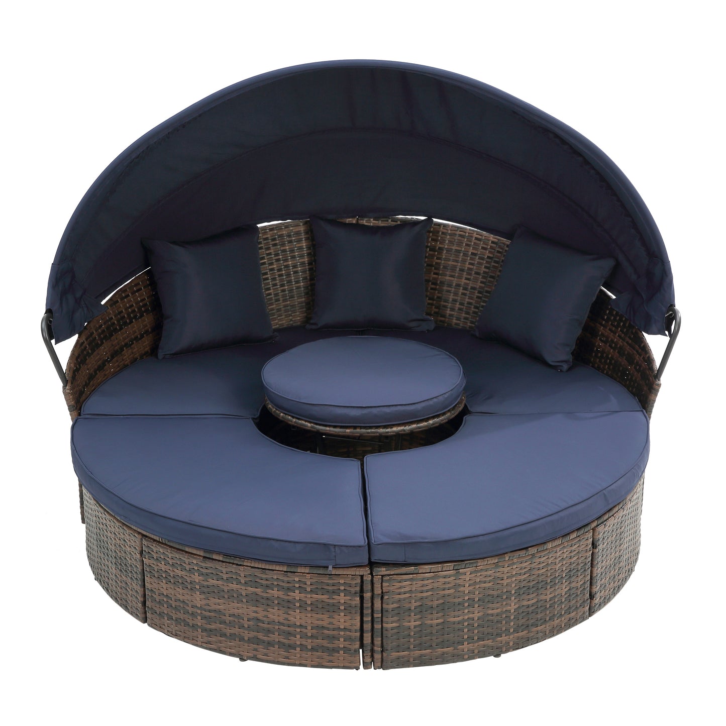 Hot Sale KD Rattan Round Lounge With Canopy Bali Canopy Bed Outdoor, Wicker Outdoor Sofa Bed with lift coffee table