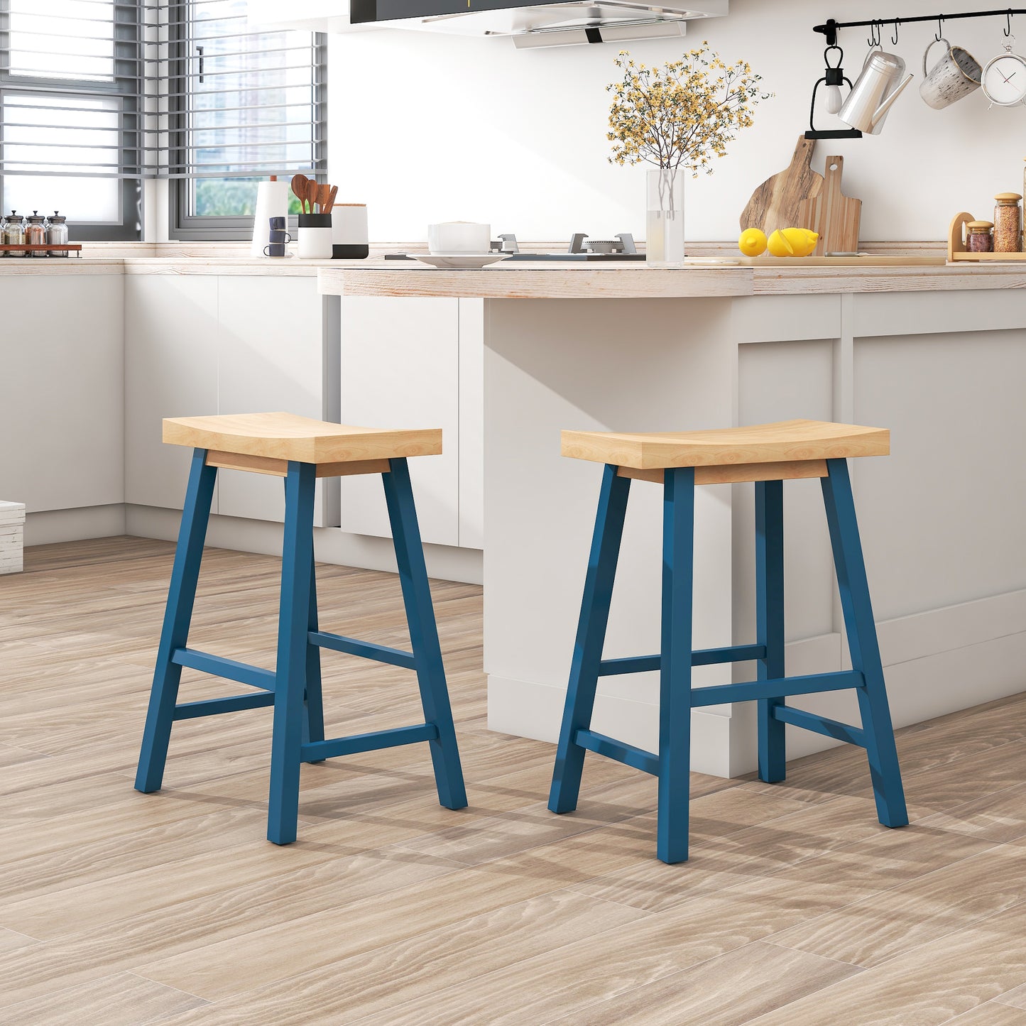 TOPMAX Farmhouse Rustic 2-piece Counter Height Wood Kitchen Dining Stools for Small Places, Light Walnut+Blue