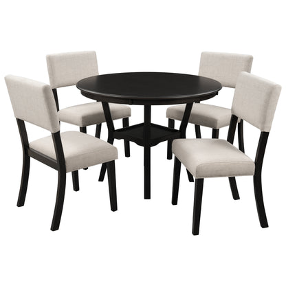 TREXM 5-Piece Kitchen Dining Table Set Round Table with Bottom Shelf, 4 Upholstered Chairs for Dining Room（Espresso）