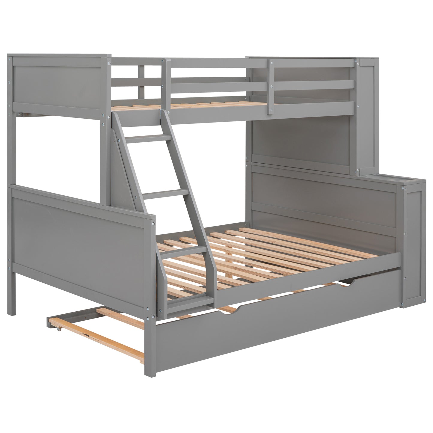 Twin over Full Bunk Bed with Trundle and Shelves, can be Separated into Three Separate Platform Beds, Gray