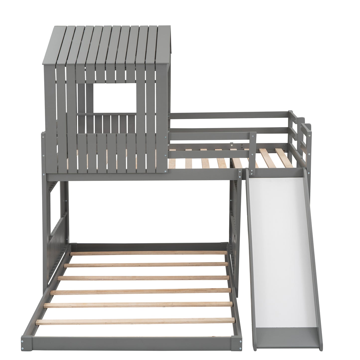 Wooden Twin Over Full Bunk Bed, Loft Bed with Playhouse, Farmhouse, Ladder, Slide and Guardrails . Gray(OLD SKU :LP000028AAN)