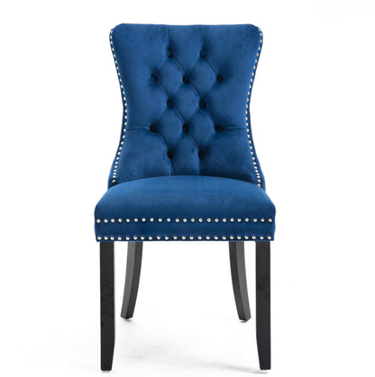 Upholstered Button Tufted Back Blue Velvet Dining Chair with Nailhead Trim and Solid Wood Legs 2 Sets