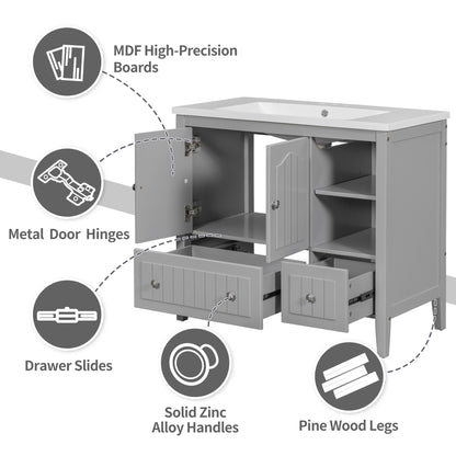 [VIDEO] 36" Bathroom Vanity with Ceramic Basin, Bathroom Storage Cabinet with Two Doors and Drawers, Solid Frame, Metal Handles, Grey