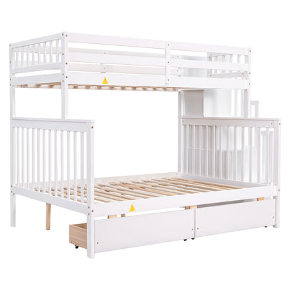 Twin Over Full Bunk Bed with 2 Drawers and Staircases, Convertible into 2 Beds, the Bunk Bed with Staircase and Safety Rails for Kids, Teens, Adults, White