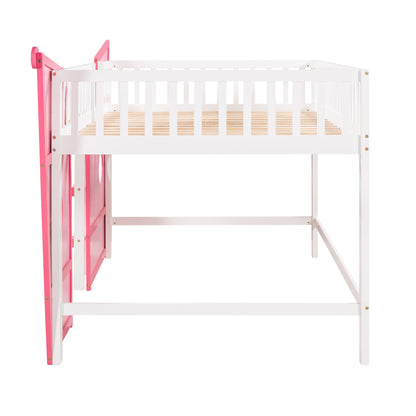 Full Size Boat Shape Loft Bed with Ladder-Pink