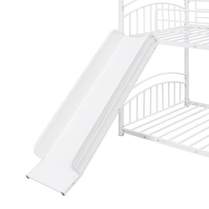 Twin Over Twin Metal Bunk Bed With Slide,Kids House Bed White