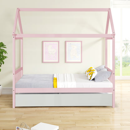 WARM PINK TWIN HOUSE BED WITH WHITE TWIN TRUNDLE