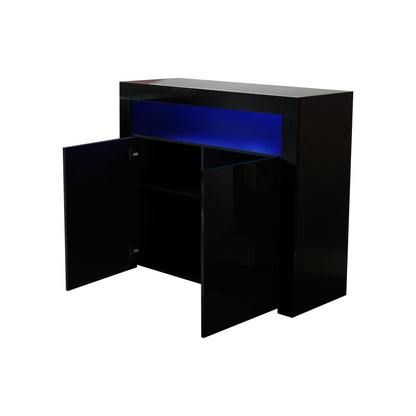 Living Room Sideboard Storage Cabinet Black High Gloss with LED Light, Modern Kitchen Unit Cupboard Buffet Wooden Storage Display Cabinet TV Stand with 2 Doors for Hallway Dining Room