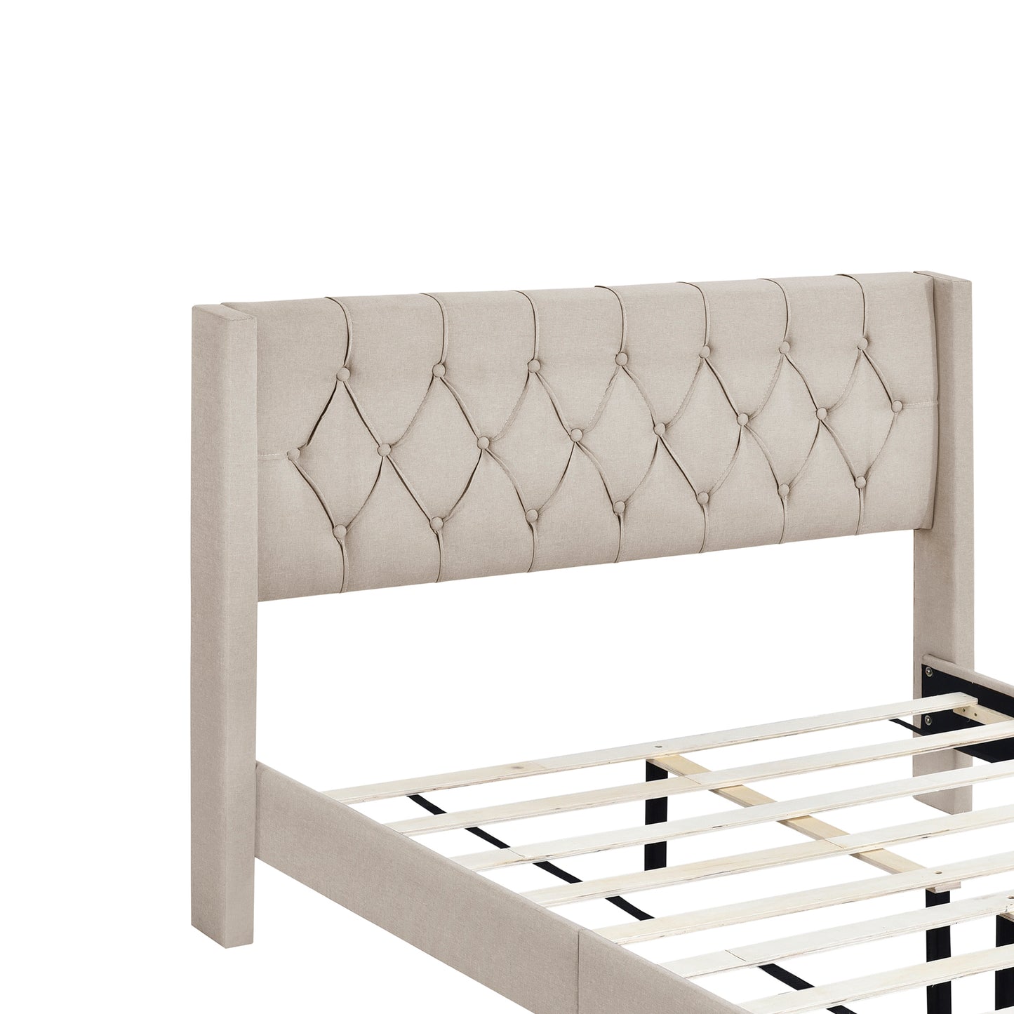 Upholstered Platform Bed with Rubber Wood Legs,No Box Spring Needed, Linen Fabric,Full Size-Beige