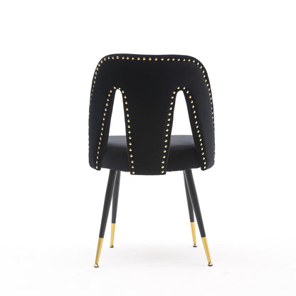 A&A Furniture,Akoya Collection Modern | Contemporary Velvet Upholstered Dining Chair with Nailheads and Gold Tipped Black Metal Legs,Black，Set of 2