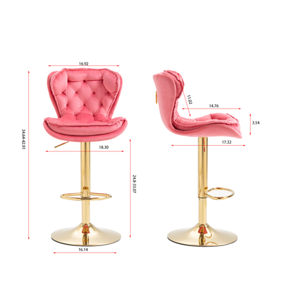 Set of 2  Bar Stools,with Chrome Footrest and Base Swivel Height Adjustable Mechanical Lifting Velvet + Golden Leg Simple Bar Stool-pink