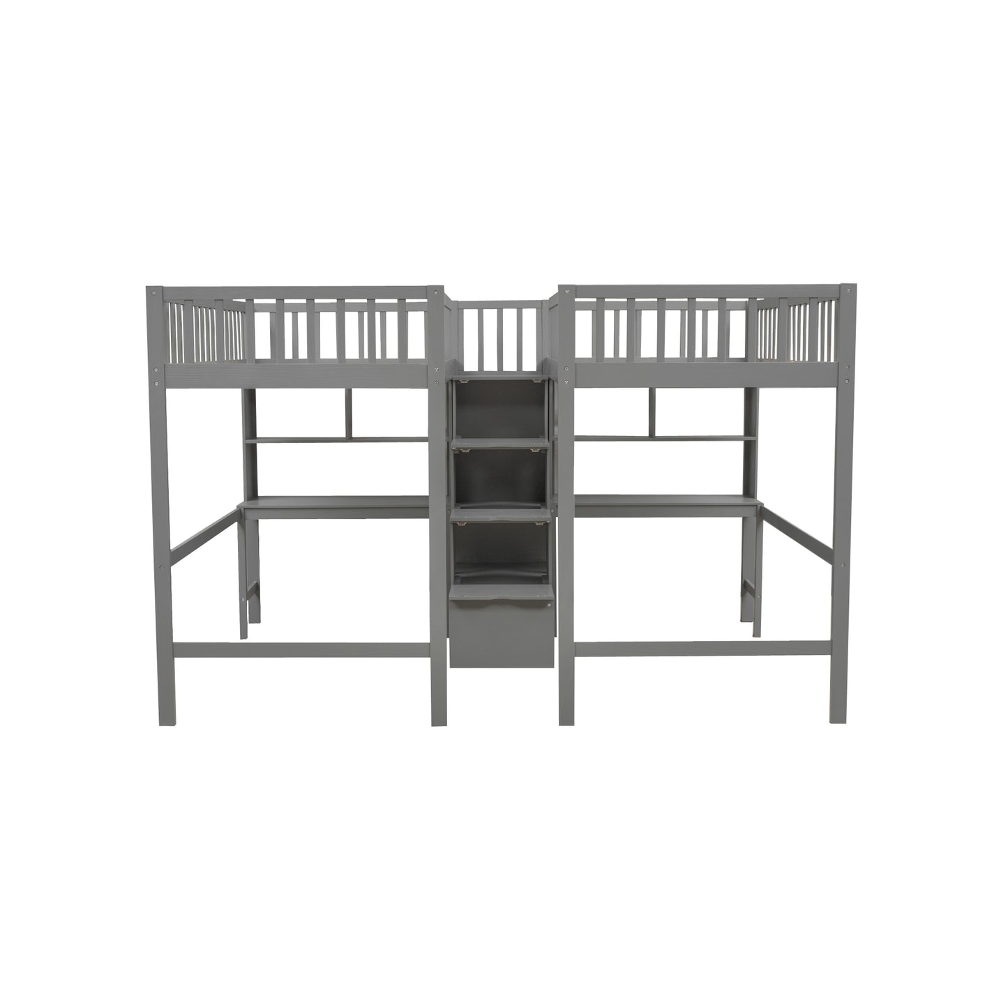 Twin & Twin Size Loft Bed with 2 Built-in Desks and Shelves, Storage Staircase, Gray