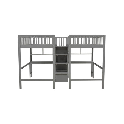 Twin & Twin Size Loft Bed with 2 Built-in Desks and Shelves, Storage Staircase, Gray