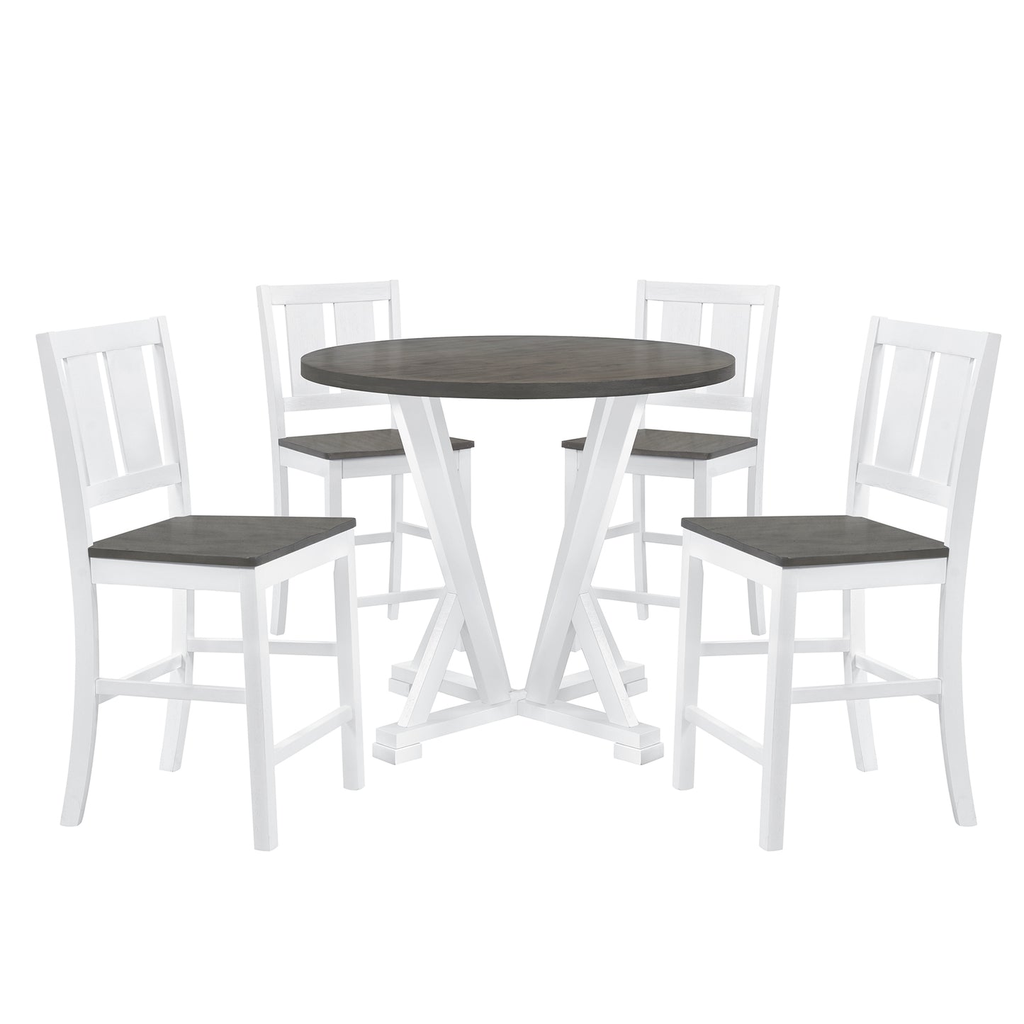 TOPMAX Rustic Farmhouse 5-Piece Counter Height Dining Table Set, Round Kitchen set with 4 Dining Chairs and Thick Tabletop, Grey