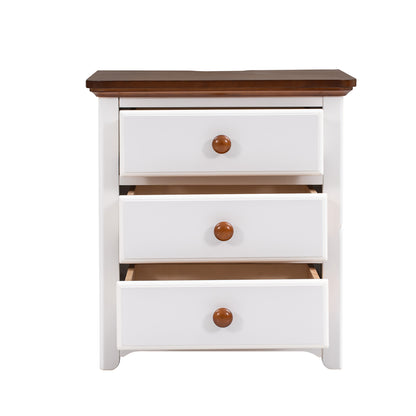 Wooden Nightstand with USB Charging Ports and Three Drawers,End Table for Bedroom,White+Walnut