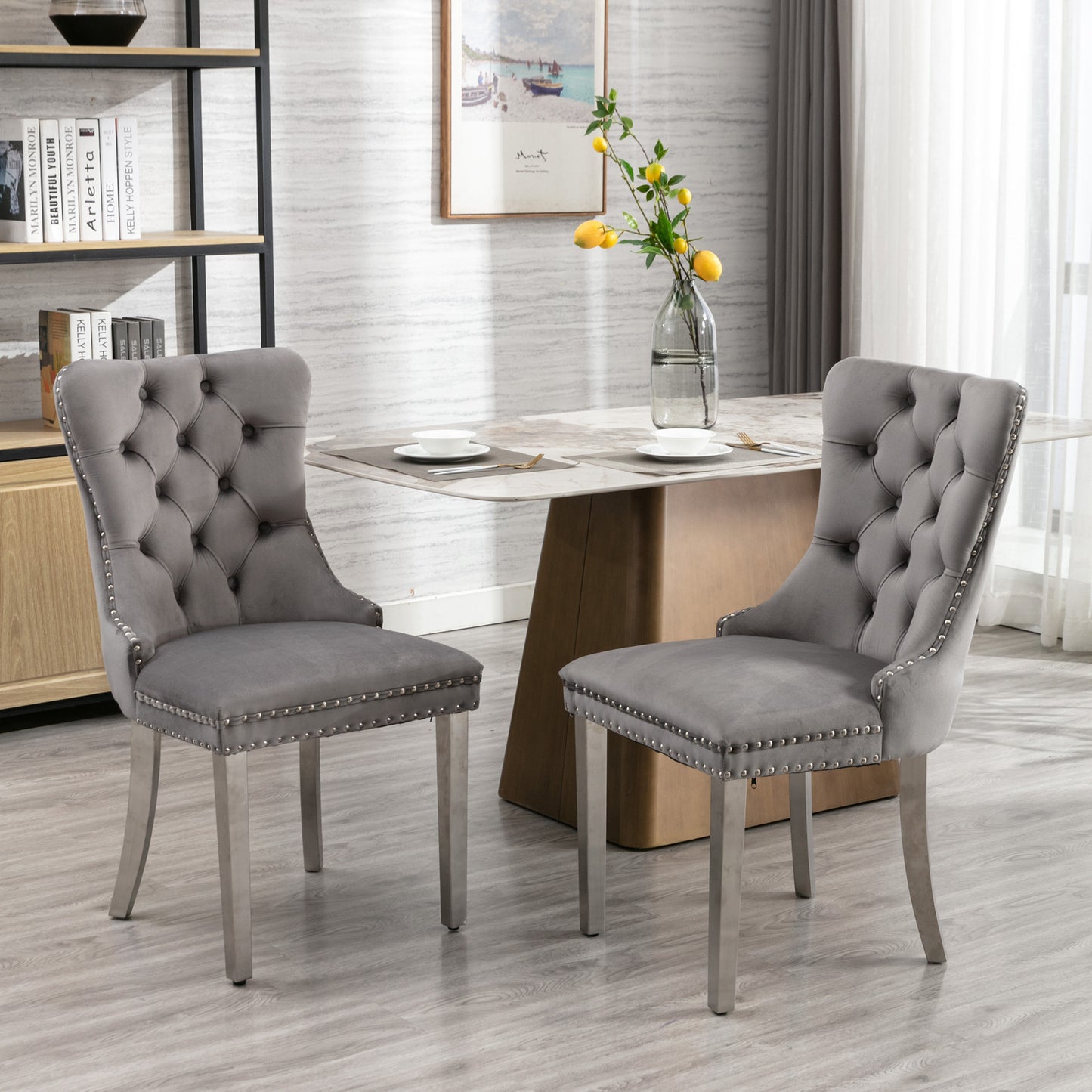 A&A Furniture,Nikki Collection Modern, High-end Tufted Solid Wood Contemporary Velvet Upholstered Dining Chair with Chrome Stainless Steel Plating Legs,Nailhead Trim,Set of 2，Gray and Chrome, SW1701GY