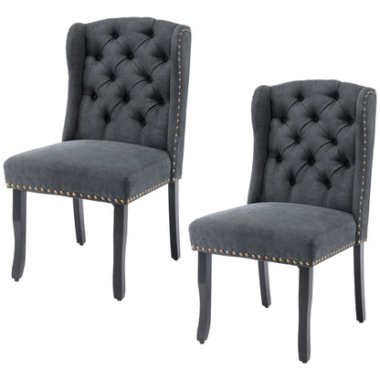 TREXM Cotton Fabric Dining Chairs Set of 2, Upholstered Dining Room Chairs with Solid Wood Legs, Wingback and Button Tufting (Dark Gray)