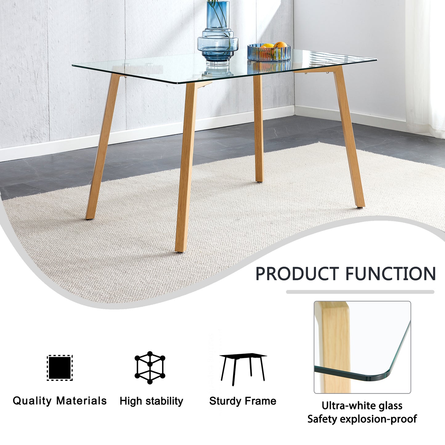 Glass Dining Table Modern Minimalist Rectangular for 4-6 with 0.31" Tempered Glass Tabletop and Black Coating Metal Legs, Writing Table Desk, for Kitchen Dining Living Room, 47" W x 31"D x 30" H