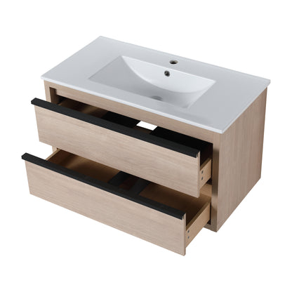 36" Floating Wall-Mounted Bathroom Vanity with  White Ceramic Rectangle Sink & 2 Soft Close Drawers