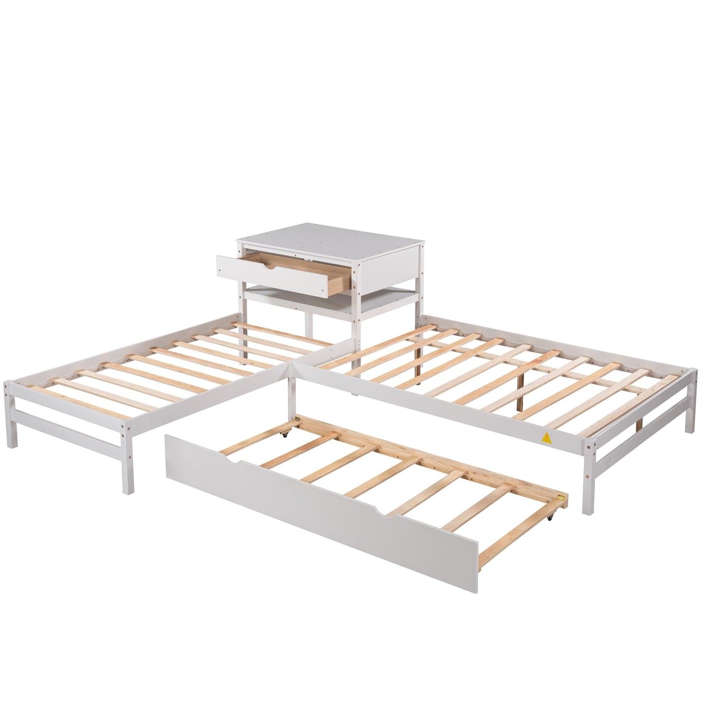 L-Shaped Full Size and Twin Size Platform Beds with Twin Size Trundle and Drawer Linked with Built-in Rectangle Table,White