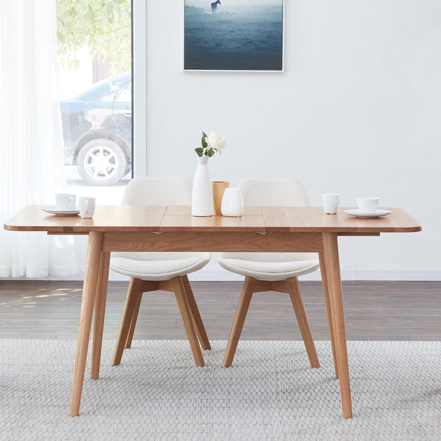 Natural solid oak round corner diagonal leg telescopic table 1.2-1.6m, for 6-8 people to meet 
 Dining table wood (light color)