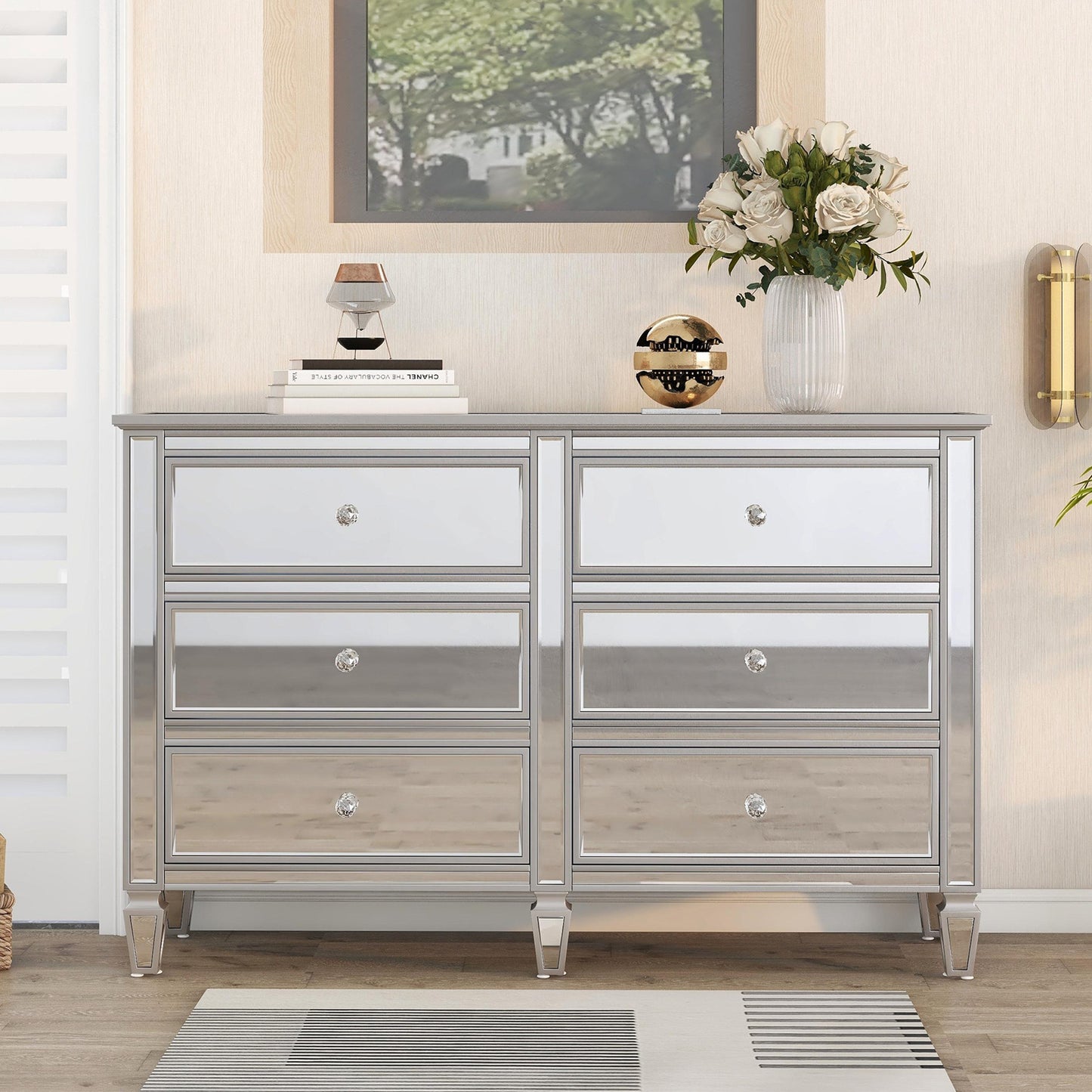 Elegant Mirrored Dresser with 6 Drawers, Modern Silver Finished Dresser 56.1“L x 18.1” W x 36.4” H for Living Room Bedroom