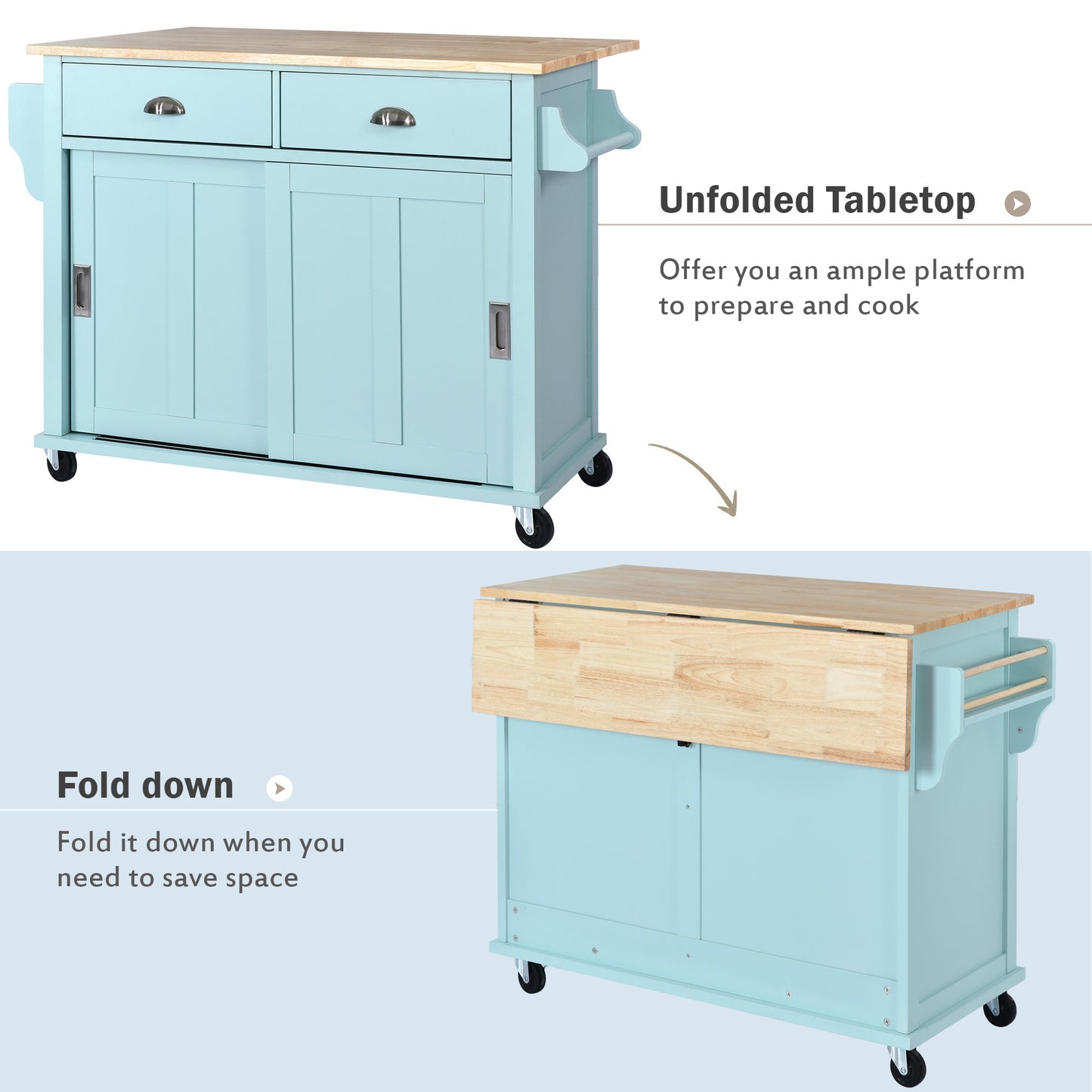 K&K Kitchen Cart with Rubber wood Drop-Leaf Countertop, Concealed sliding barn door adjustable height,Kitchen Island on 4 Wheels with Storage Cabinet and 2 Drawers,L52.2xW30.5xH36.6 inch, Mint Green