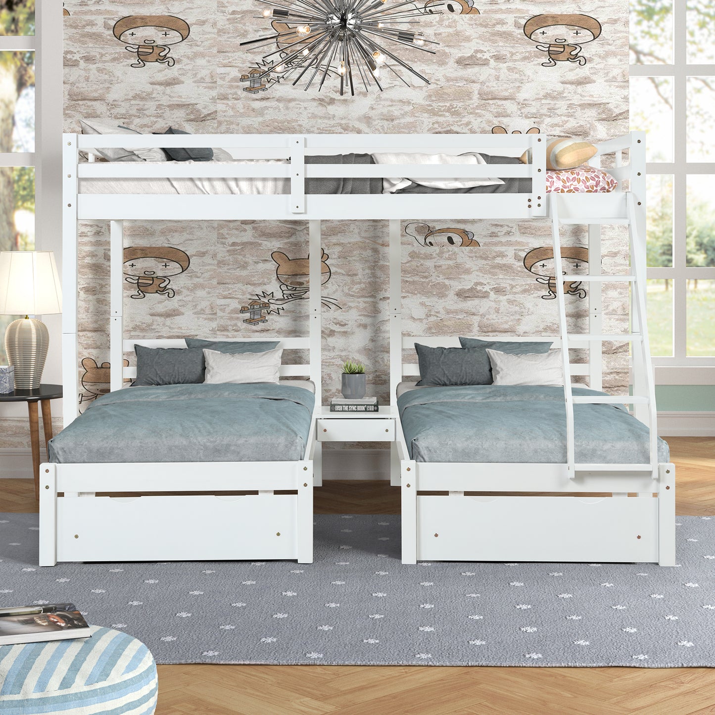 Solid Wood Full over  Twin & Twin Bunk Bed with 3 Storage Drawers, White (96.8”x79”x68.3”)