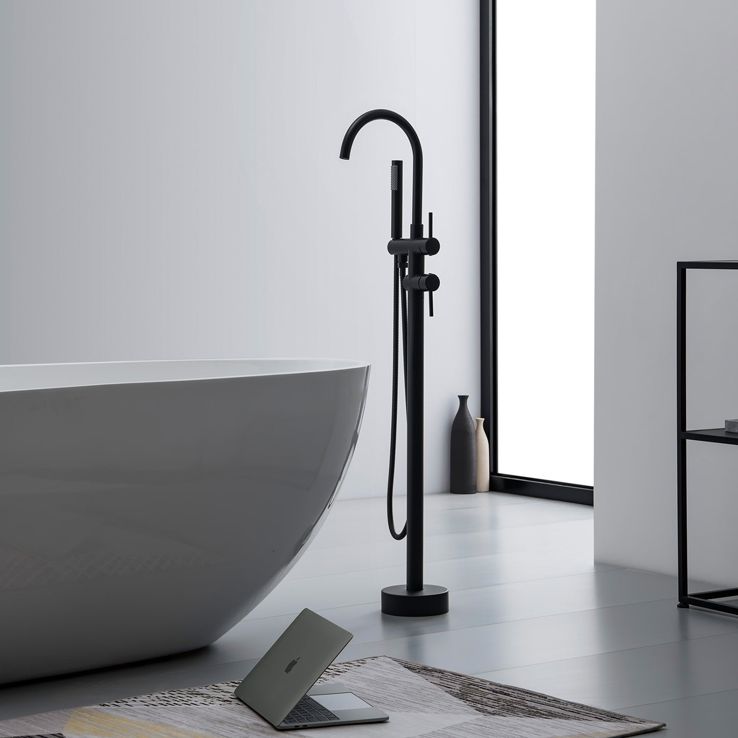 Double-Handle Freestanding Floor Mount Roman Tub Faucet Bathtub Filler with Hand Shower in Matte Black