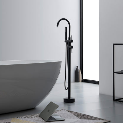 Double-Handle Freestanding Floor Mount Roman Tub Faucet Bathtub Filler with Hand Shower in Matte Black