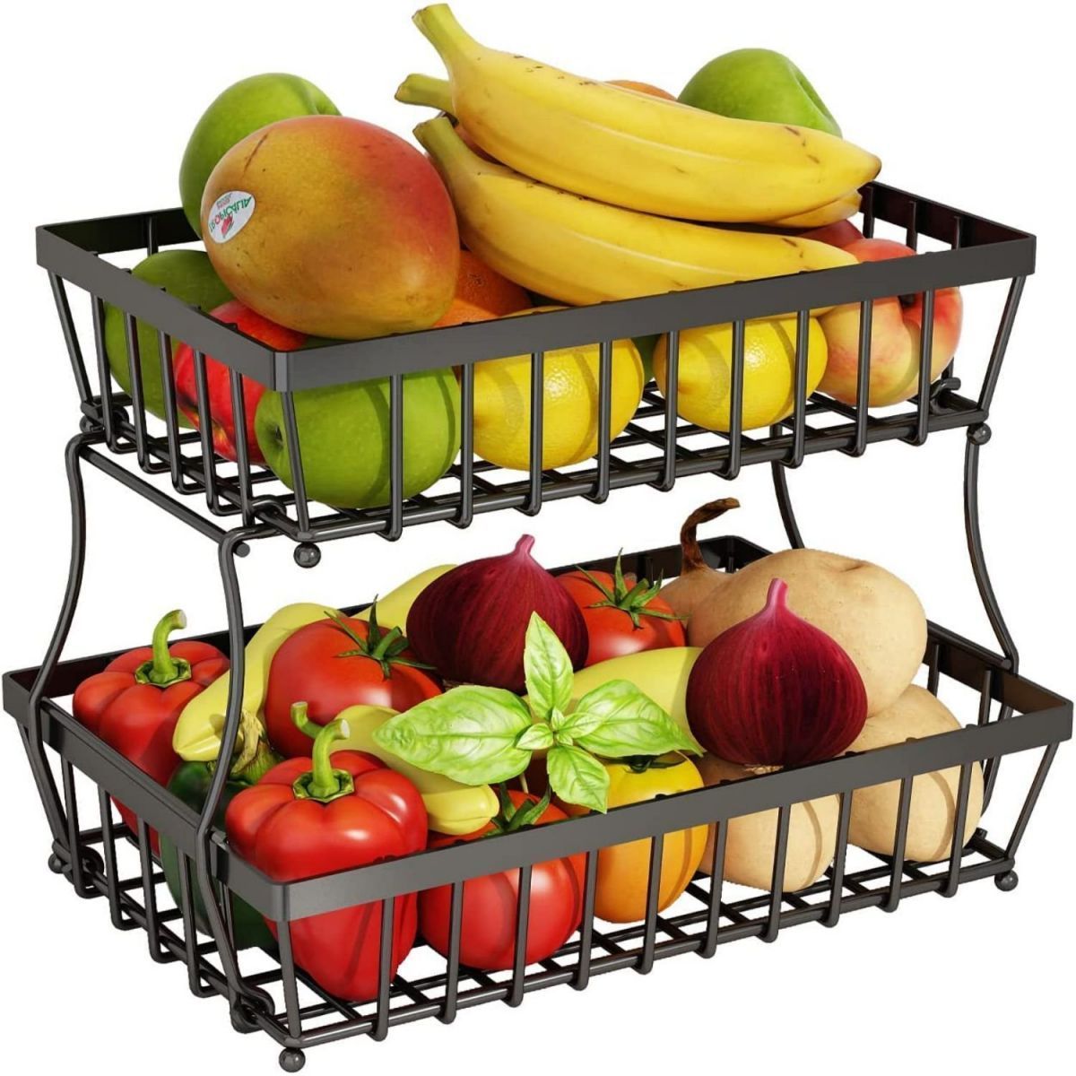 Fruit Storage Basket 2 Tier Fruit Basket Bowl Detachable Metal Fruit Bread Basket Black