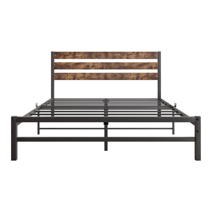 Platform Queen Size Bed Frame with Rustic Vintage Wood Headboard, Strong Metal Slats Support Mattress Foundation, No Box Spring Needed Rustic Brown