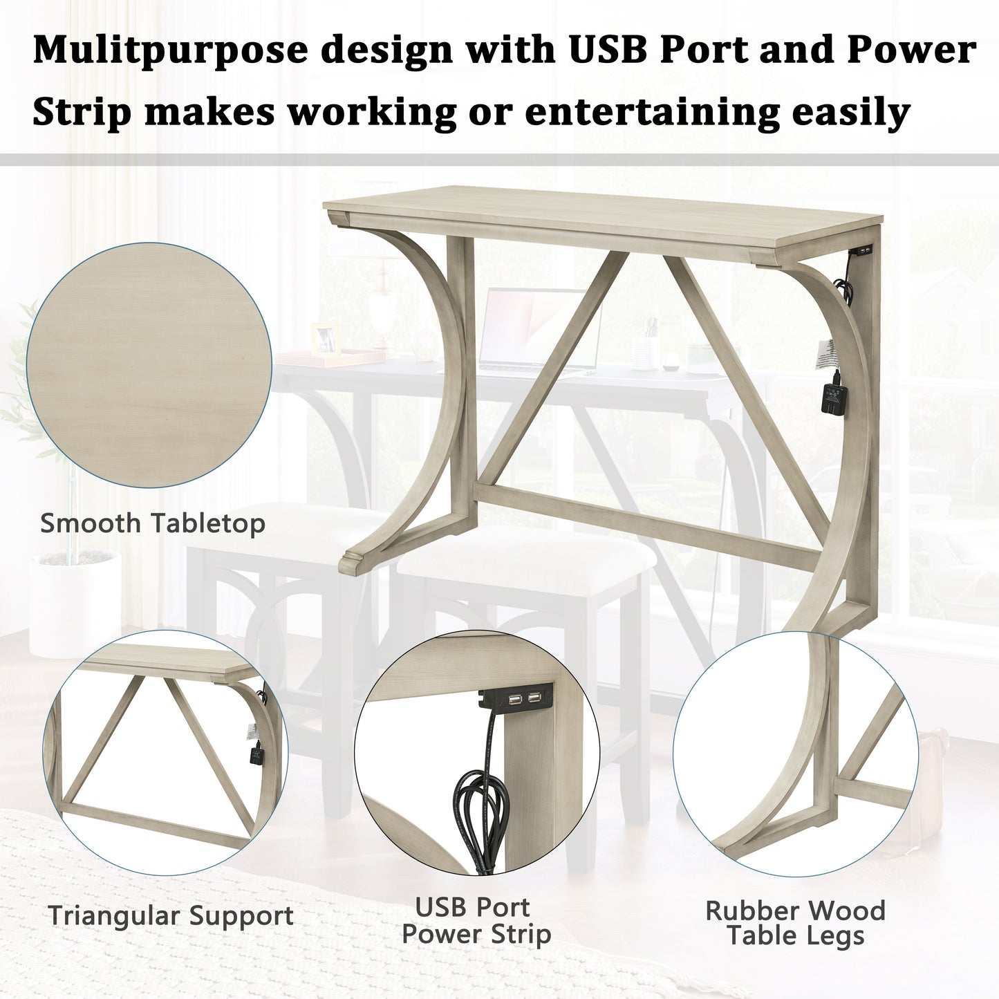 TOPMAX Farmhouse 3-Piece Counter Height Dining Table Set with USB Port and Upholstered Stools,Cream