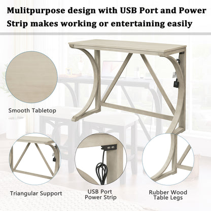 TOPMAX Farmhouse 3-Piece Counter Height Dining Table Set with USB Port and Upholstered Stools,Cream