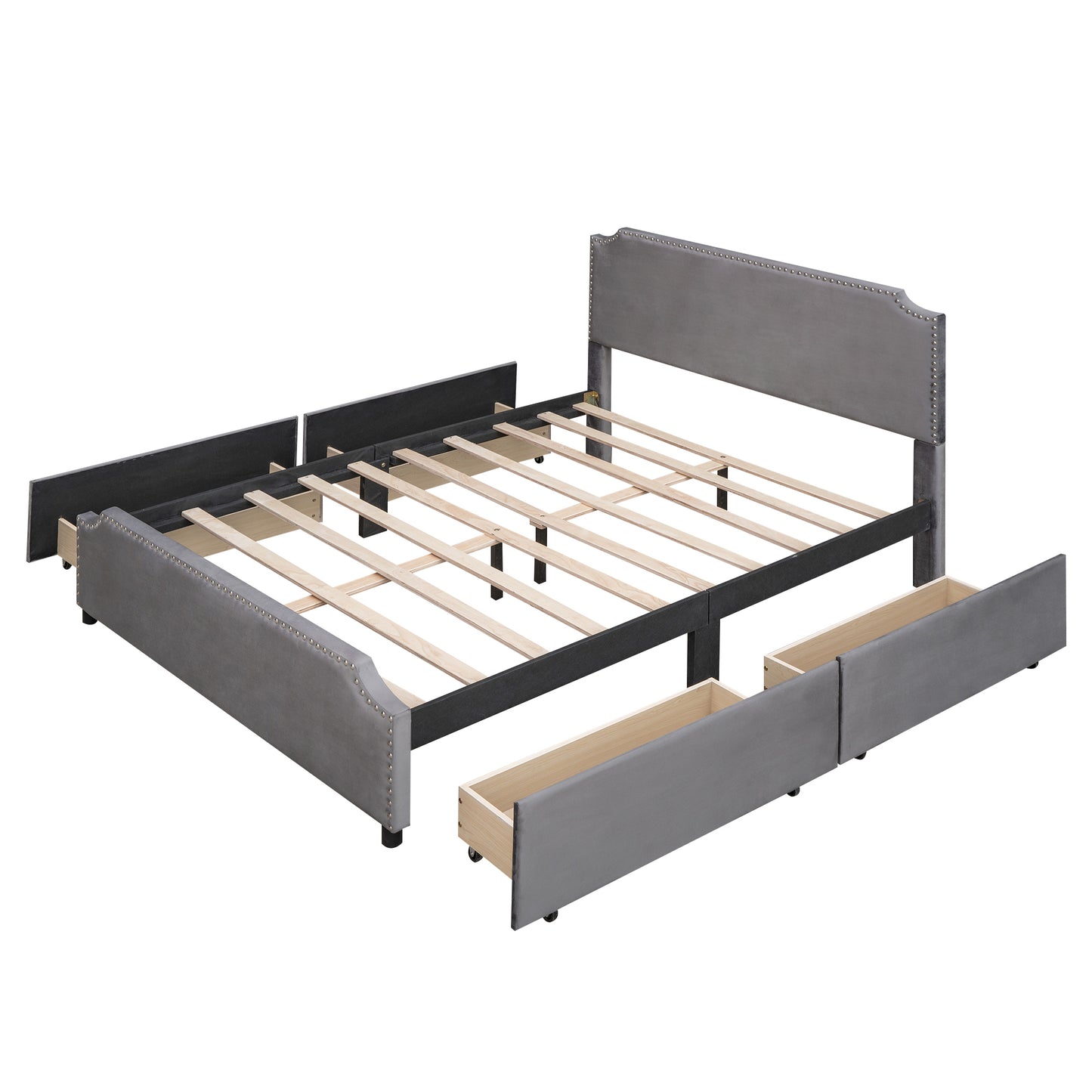 Upholstered Platform Bed with Stud Trim Headboard and Footboard and 4 Drawers No Box Spring Needed, Velvet Fabric, Queen Size (Gray)