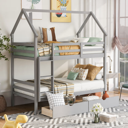 Twin over Twin House Bunk Bed with Two Drawers and Chimney Design,Gray