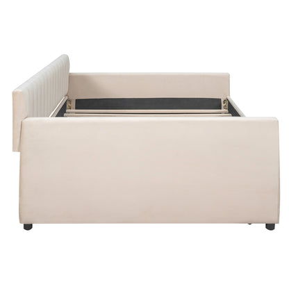 Full Size Upholstered daybed with Trundle and Wood Slat Support, Beige