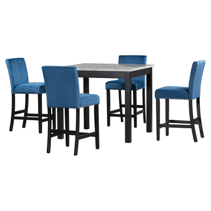 5-piece Counter Height Dining Table Set with One Faux Marble Dining Table and Four Upholstered-Seat Chairs, Table top: 40in.L x40in.W, for Kitchen and Living room Furniture,Blue