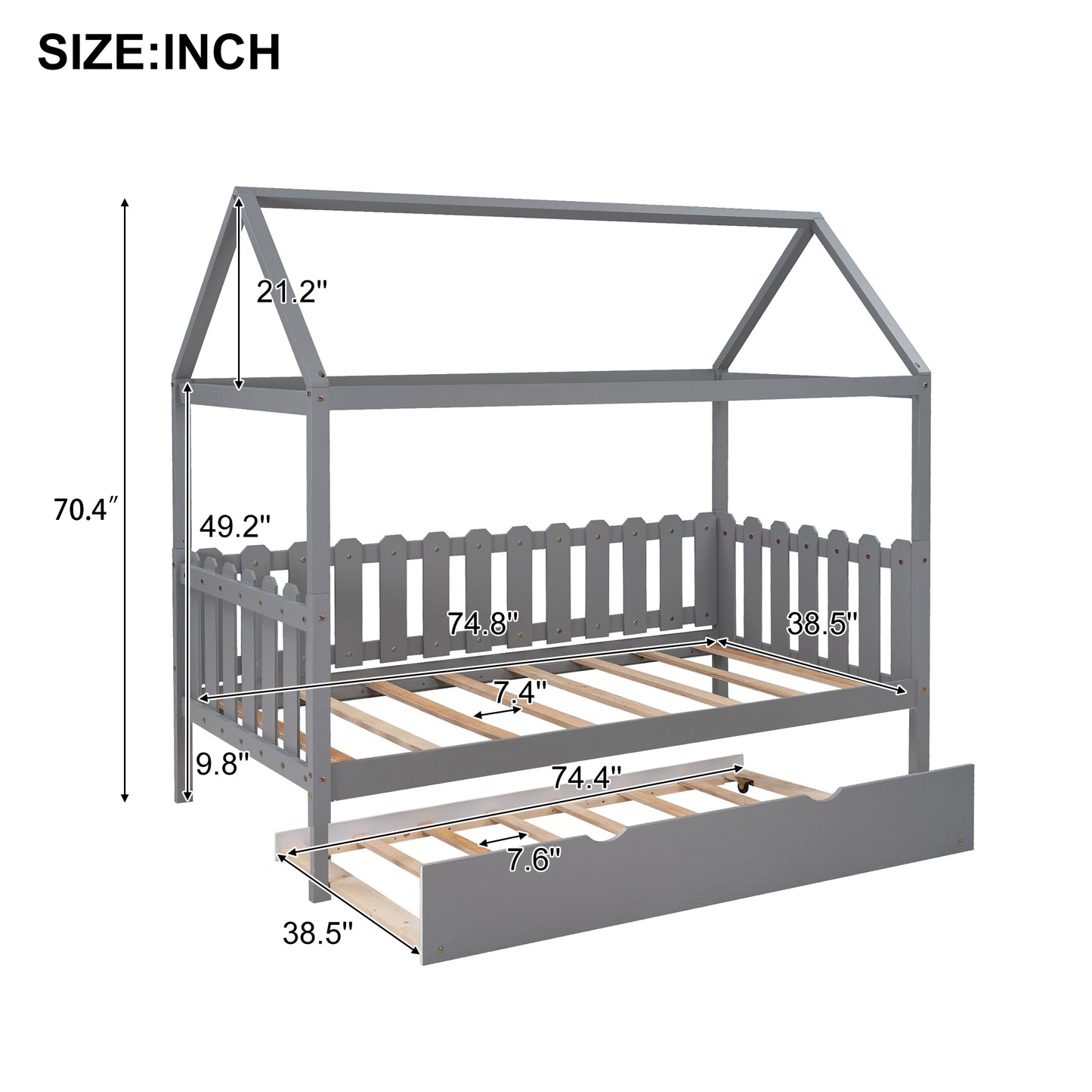 Twin Size House Bed with Trundle, Fence-shaped Guardrail, Gray(New)