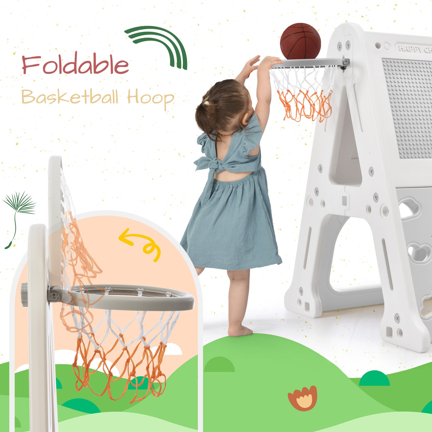 7-in-1 Toddler Climber and Slide Set Kids Playground Climber Slide Playset with Tunnel, Climber, Whiteboard,Toy Building Block Baseplates, Basketball Hoop Combination for Babies