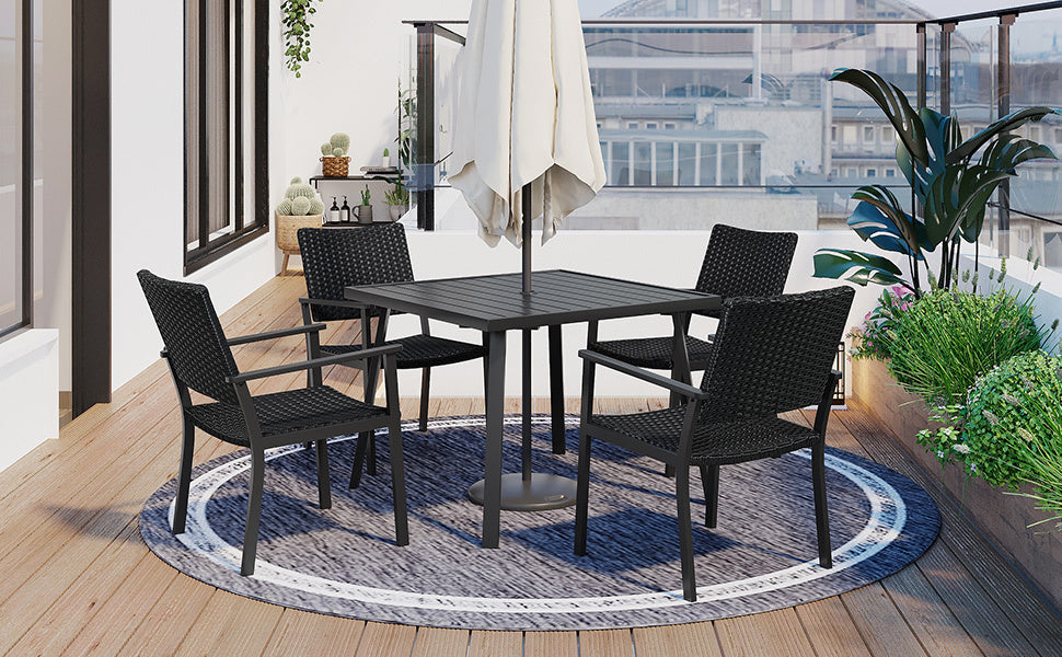 TOPMAX Outdoor Patio PE Wicker 5-Piece Dining Table Set with Umbrella Hole and 4 Dining Chairs for Garden, Deck,Black Frame+Black Rattan