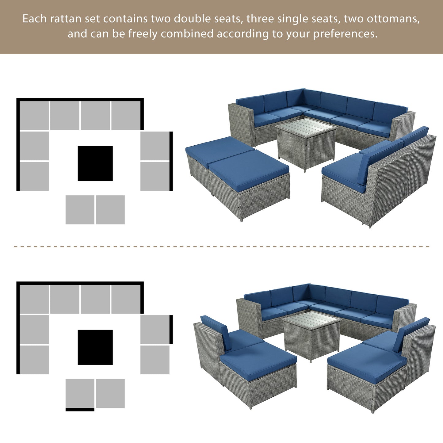 U_Style 9 Piece Rattan Sectional Seating Group with Cushions and Ottoman, Patio Furniture Sets, Outdoor Wicker Sectional, Grey Ratten+Blue Cushions