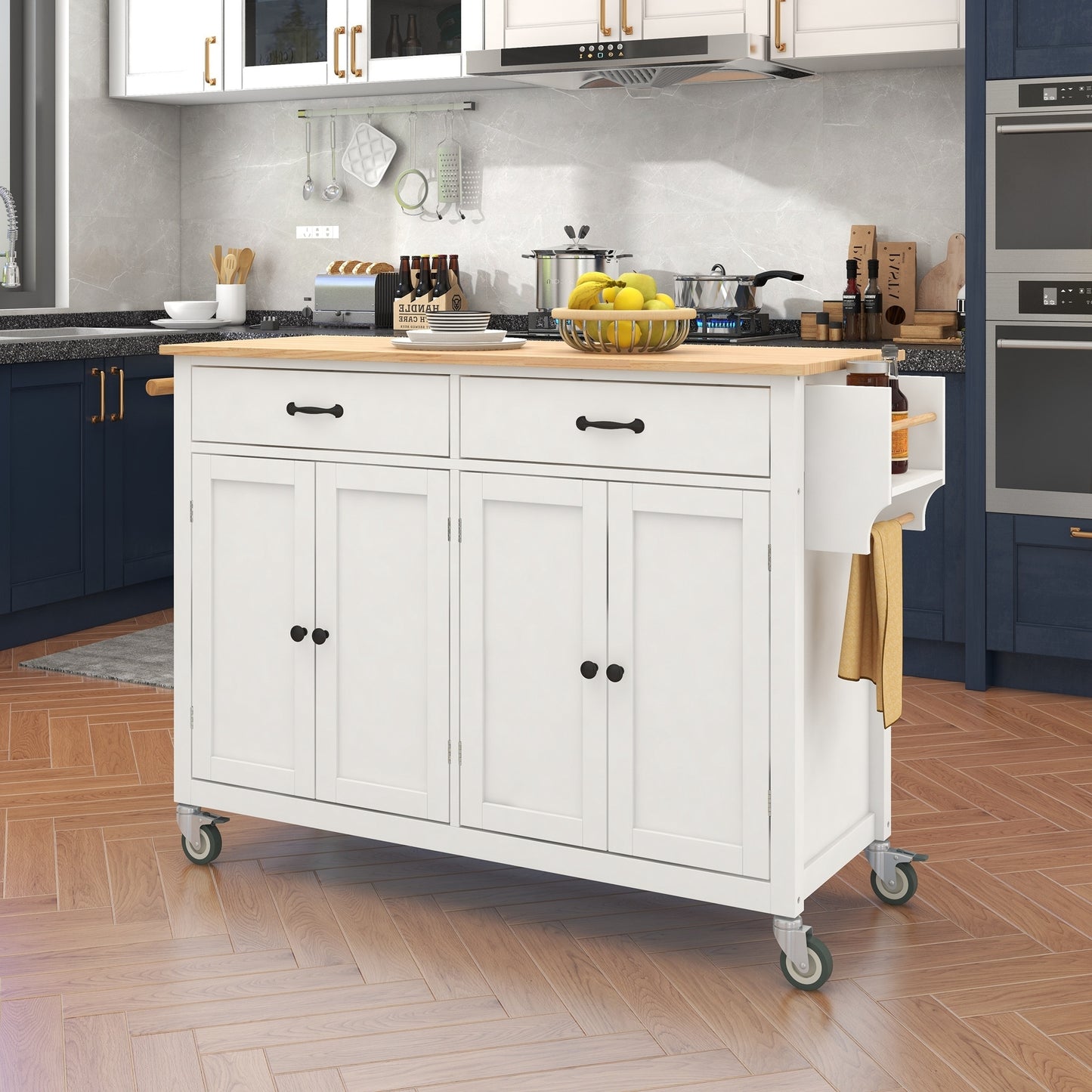 Kitchen Island Cart with Solid Wood Top and Locking Wheels，54.3 Inch Width，4 Door Cabinet and Two Drawers，Spice Rack, Towel Rack （White）