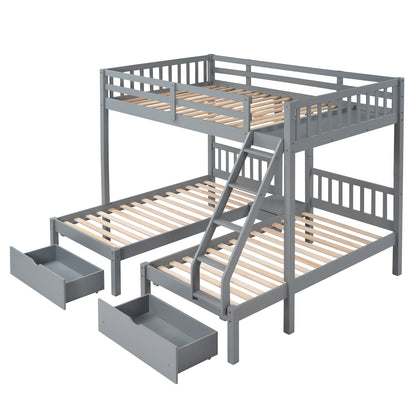 Full Over Twin & Twin Bunk Bed, Wood Triple Bunk Bed with Drawers and Guardrails  (Gray) （OLD SKU:LP000143AAE）